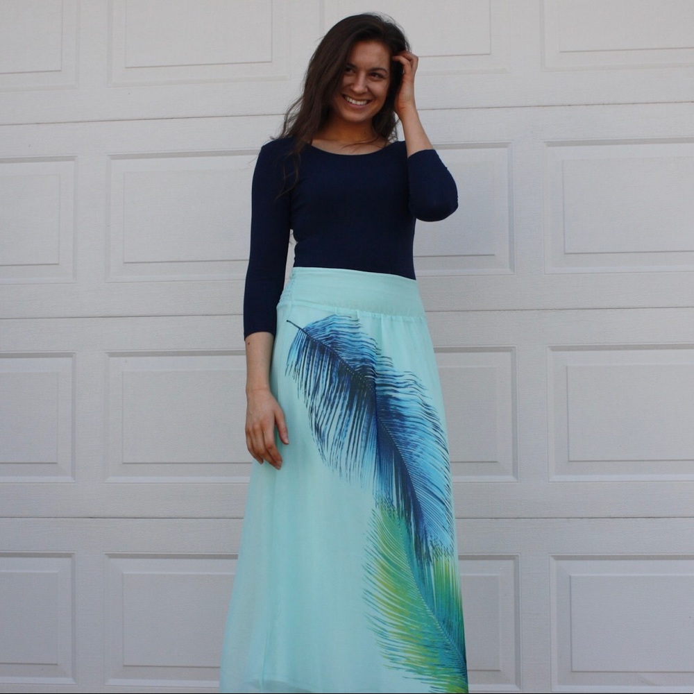 Mint Leaf Print Chiffon Maxi Skirt